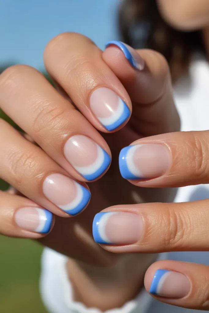 20. French Blue Ombre on Short Nails