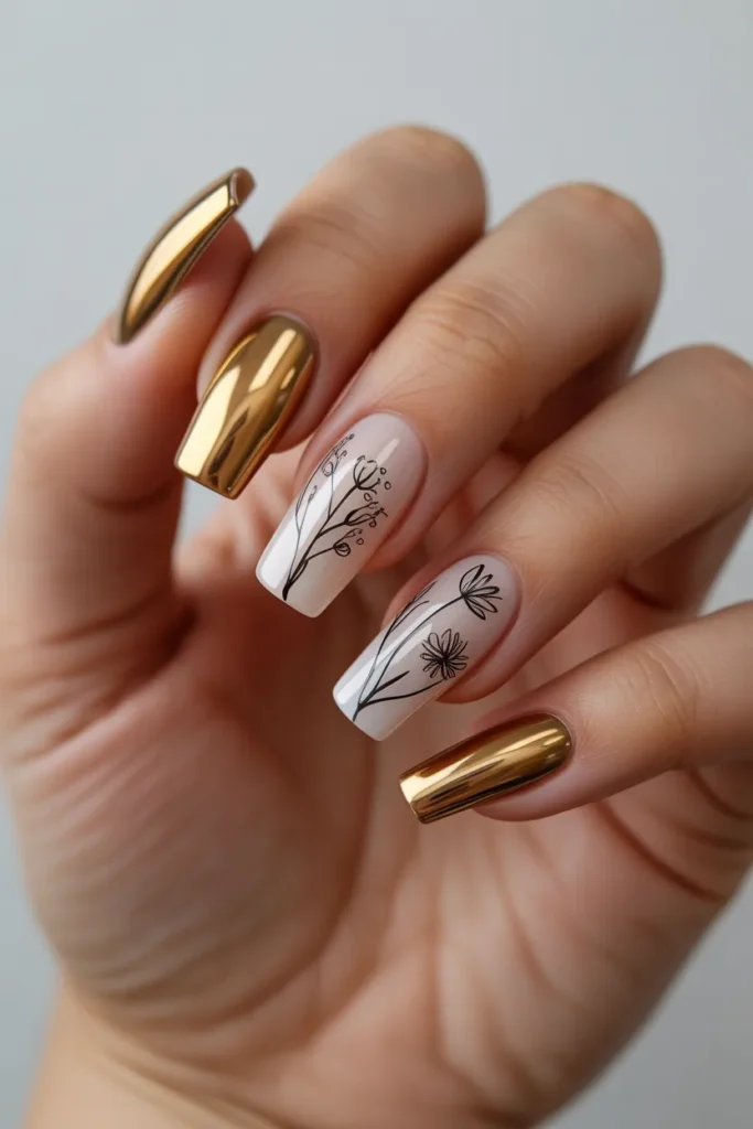 20. Gold Chrome Nails with Floral Line Art