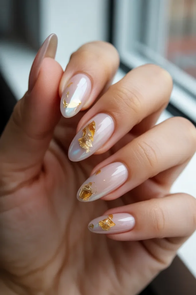 20. Iridescent Milk Bath Nails with Gold Leaf Flakes