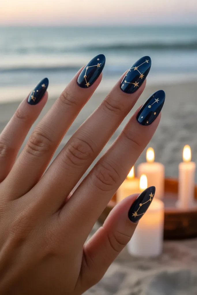 20. Midnight Blue with Gold Stars — Beach Summer Nails for Night