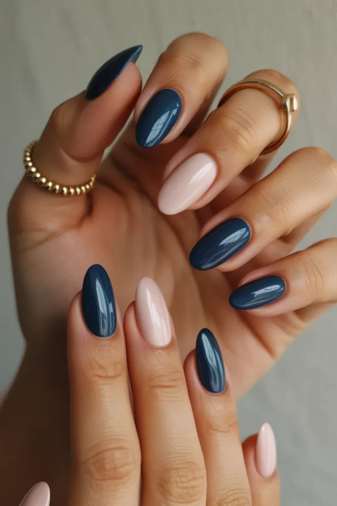 20. Navy Blue and Blush Pink Nails — Sophisticated Contrast
