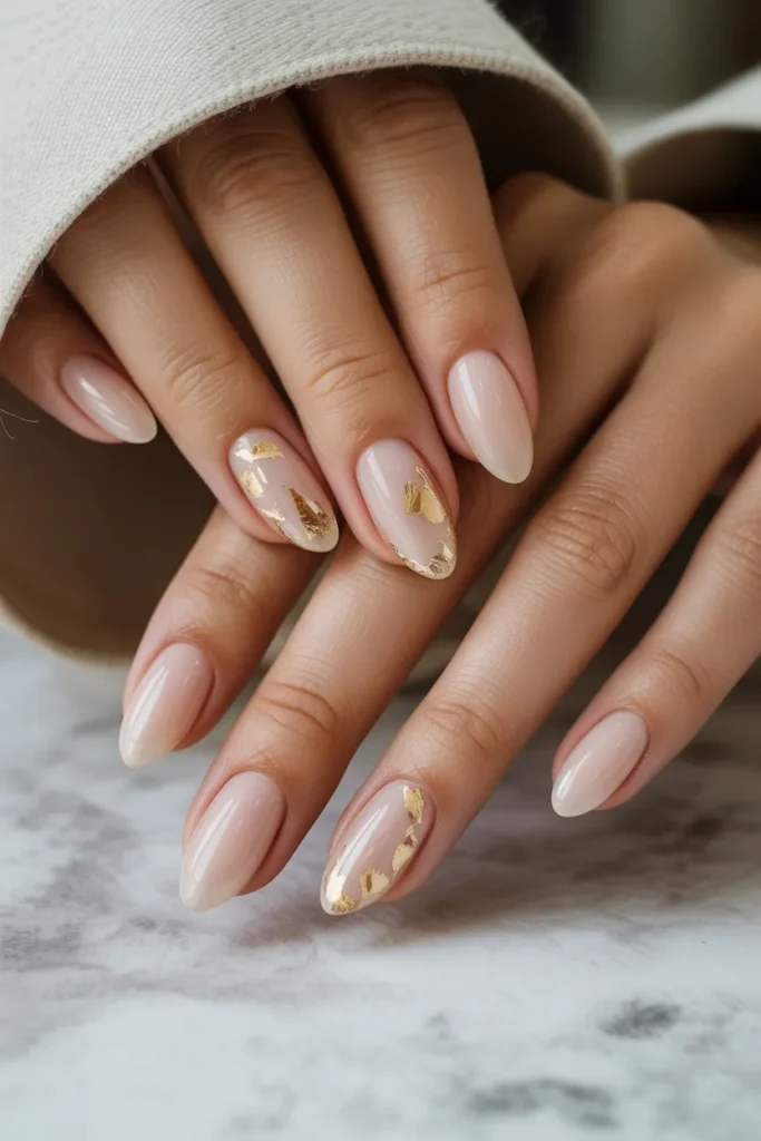 20. Summer Gel Nails Simple — Nude with Gold Foil Accent