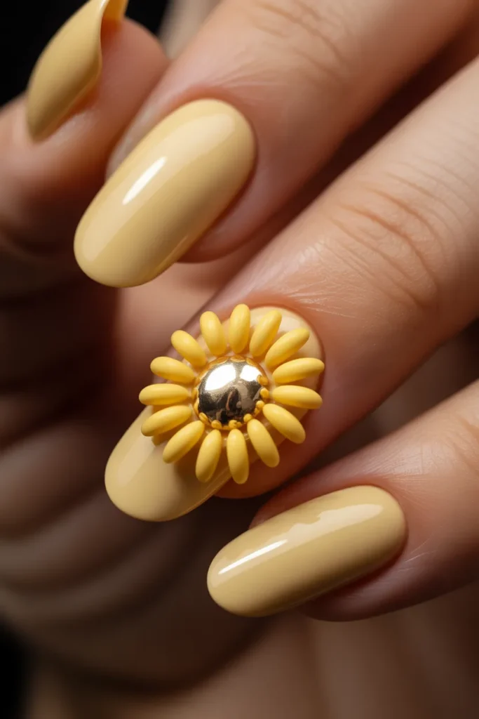 20. Sunflower Nails 2026 — Textured Petal with Chrome Center