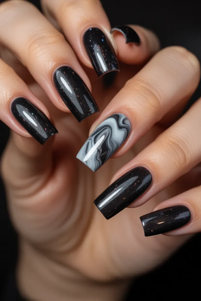 21 Black Glitter Gel Nails with Marble Accent