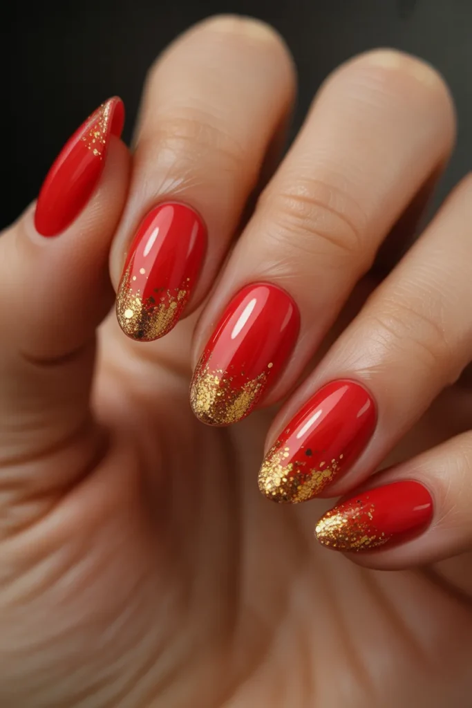 21 Bright Red Nails with Gold Glitter Ombre