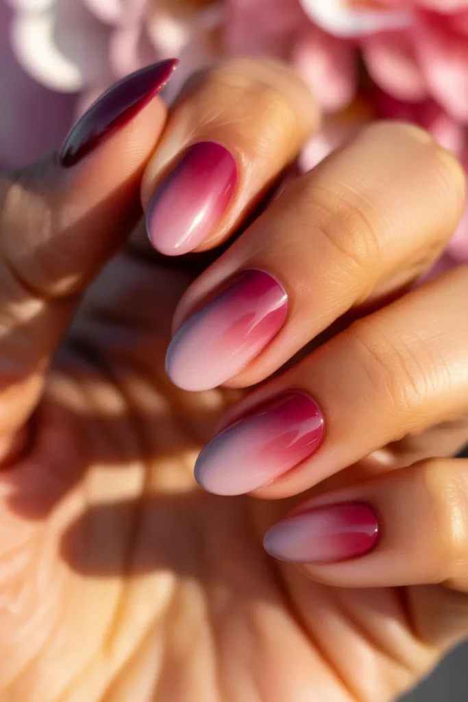 21 Dark Pink Ombre Short Almond Nails