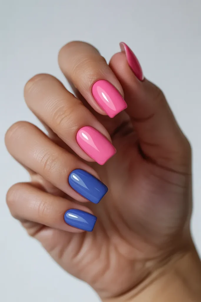 21. Pink and Blue Nails Square — Bold and Graphic