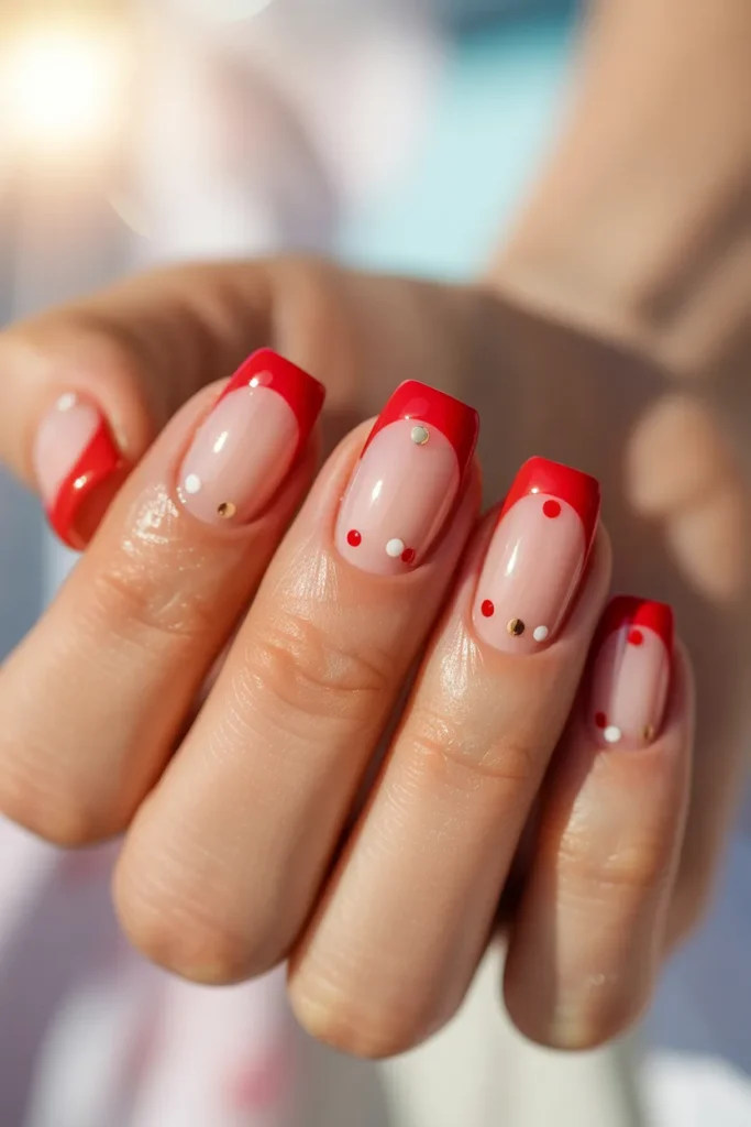 21. Red French Tips with Polka Dot Accents