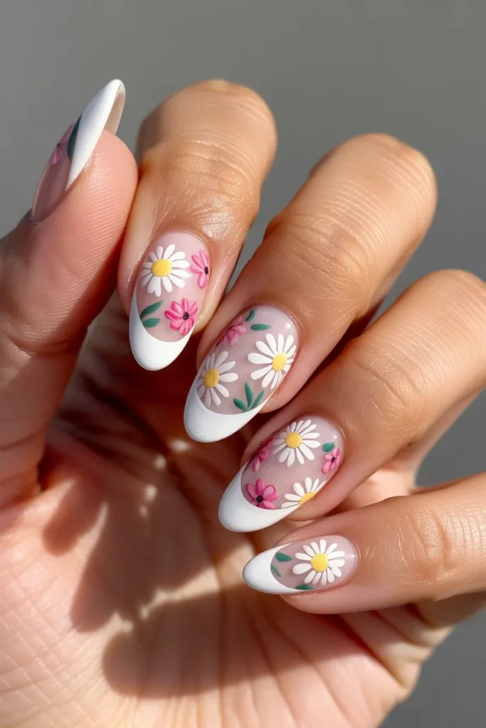 21. Trendy Floral Almond Nails with French Tip
