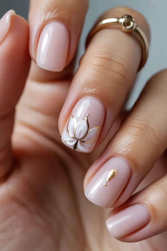 22. Pastel Pink Nails with Nail Art Lotus — Zen Meets Feminine