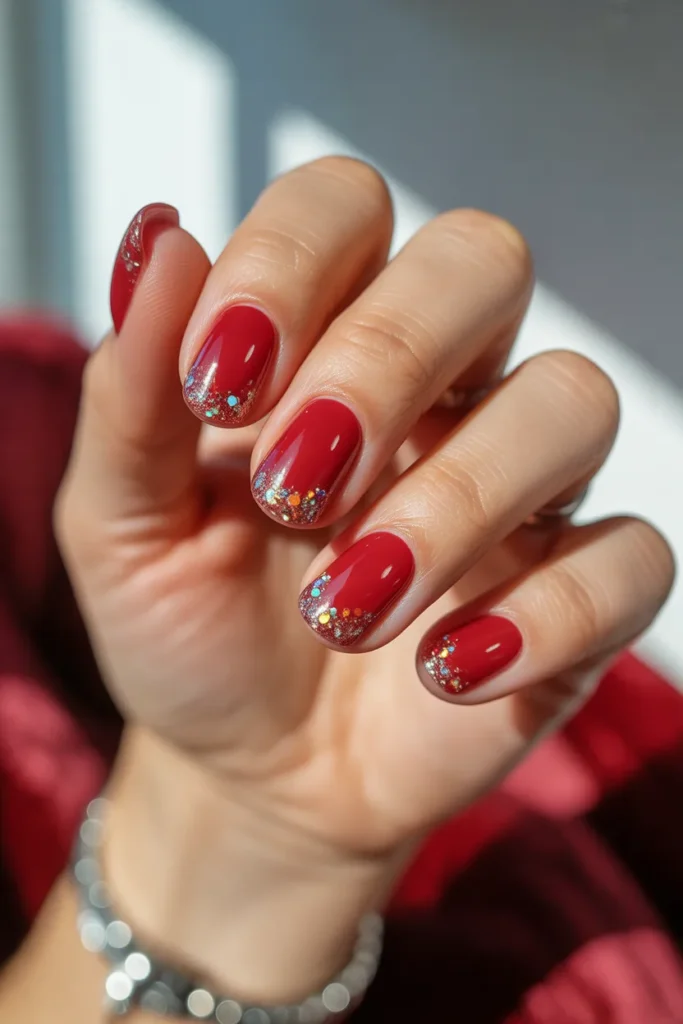Short Acrylic Nails 23 22. Red Glitter Gradient Tips