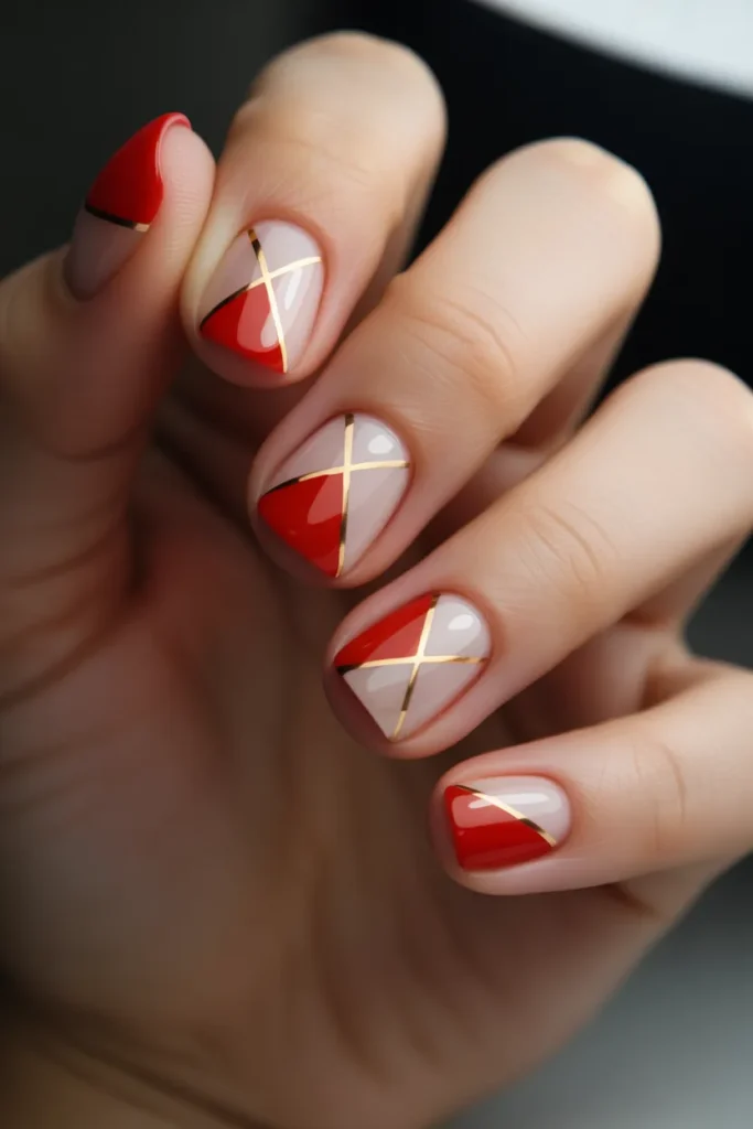 23 Red and Gold Nail Art — Geometric Minimalist