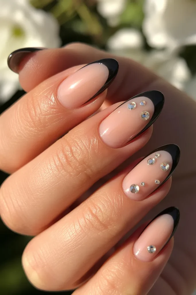 23. Black French Tip Nails with Small Rhinestones 1