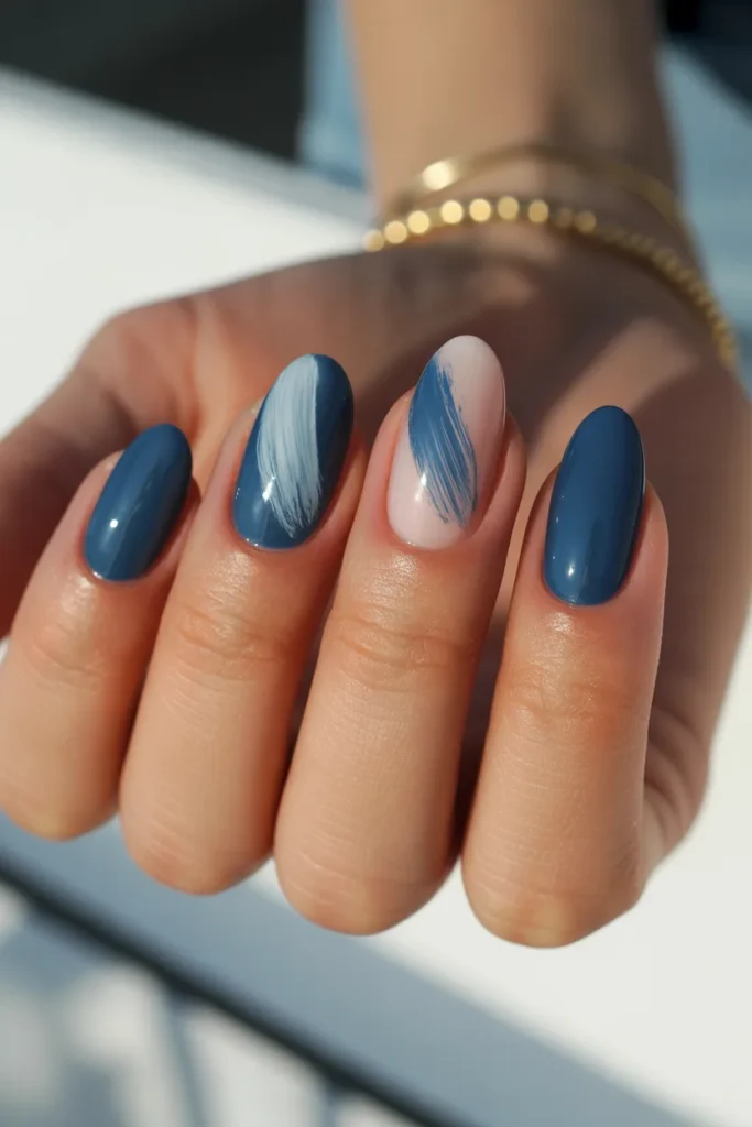 23. Blue Summer Nails with Abstract Swipe Art