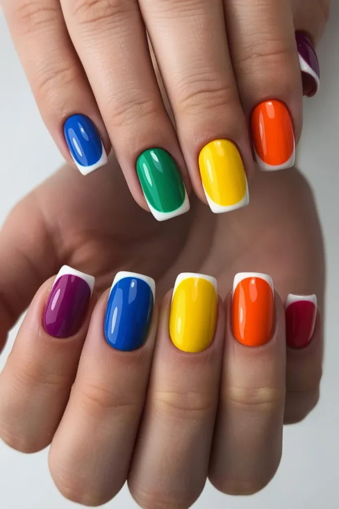 23. Colourful Nails — Rainbow French Tips with Gradient Bases