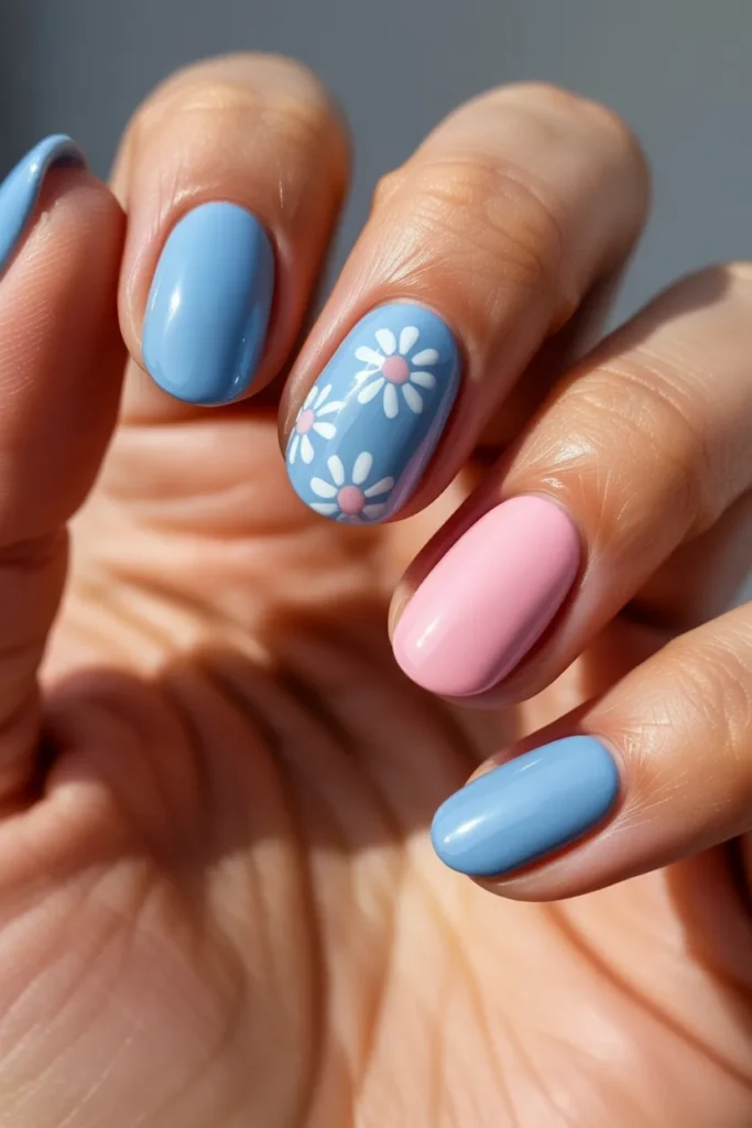 23. Pink and Blue Nails With Daisy Art