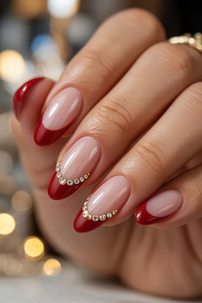 23. Red French Tips with Rhinestone Gems