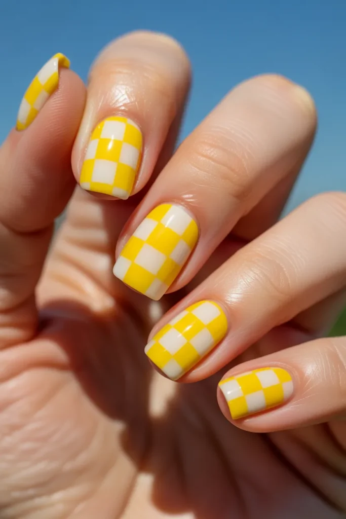 24 Lemon Nails Design — Checkerboard Yellow · Intermediate