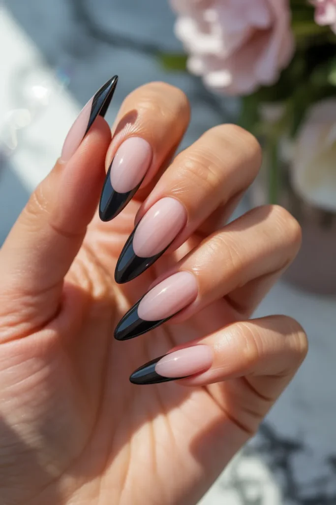 24. Black French Tip Nails with Gradient Shine