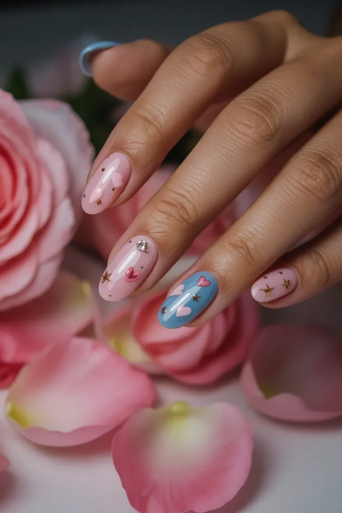 24. Pink and Blue Nails Valentines Edition — Hearts and Stars