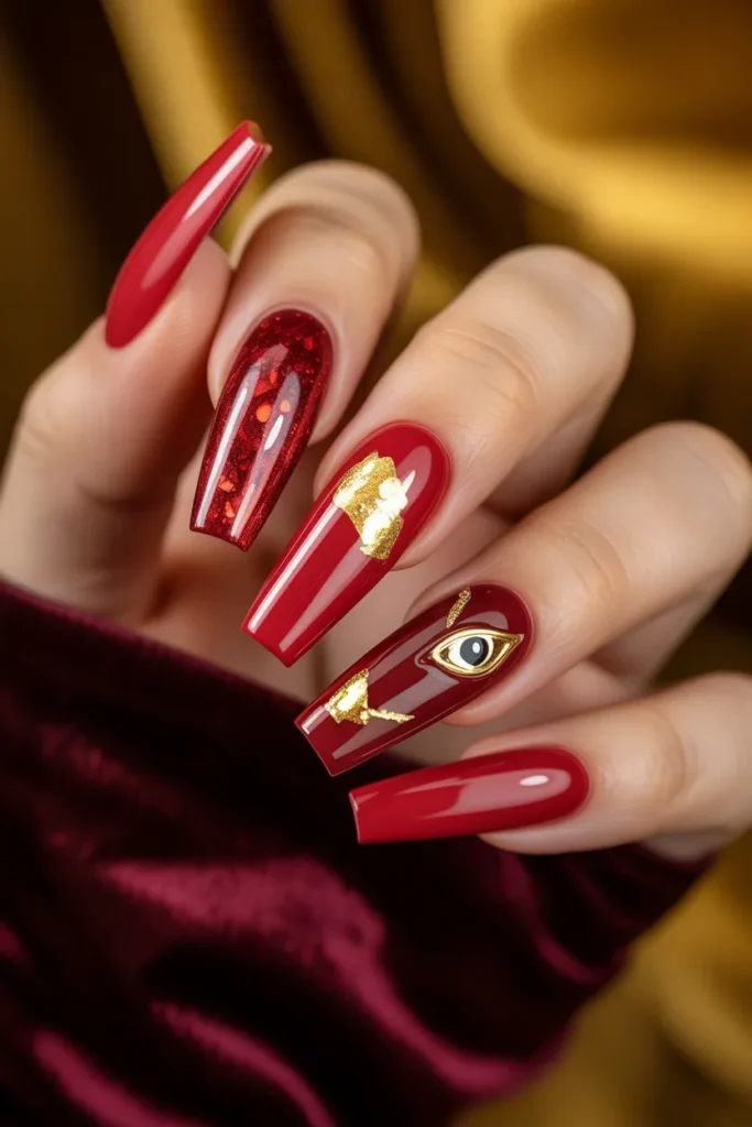 25 Full Red and Gold Nail Set — Ultimate Luxury