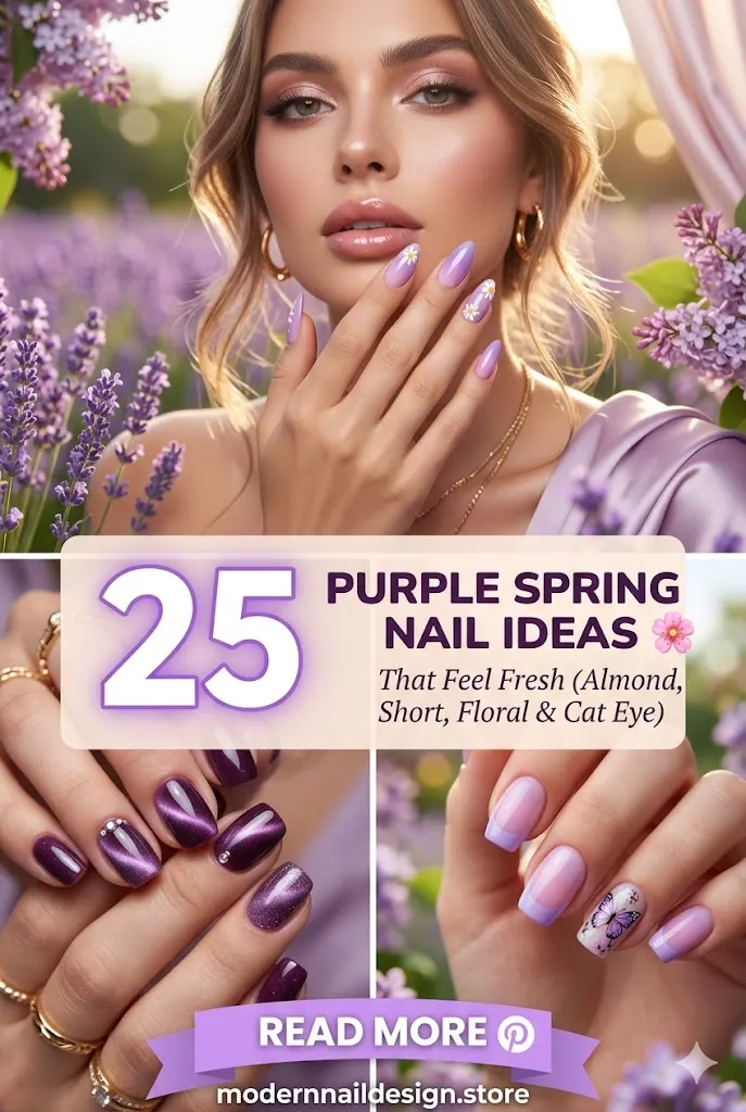 25 Purple Spring Nail Ideas That Feel Fresh 🌸 Almond Short Floral Cat Eye