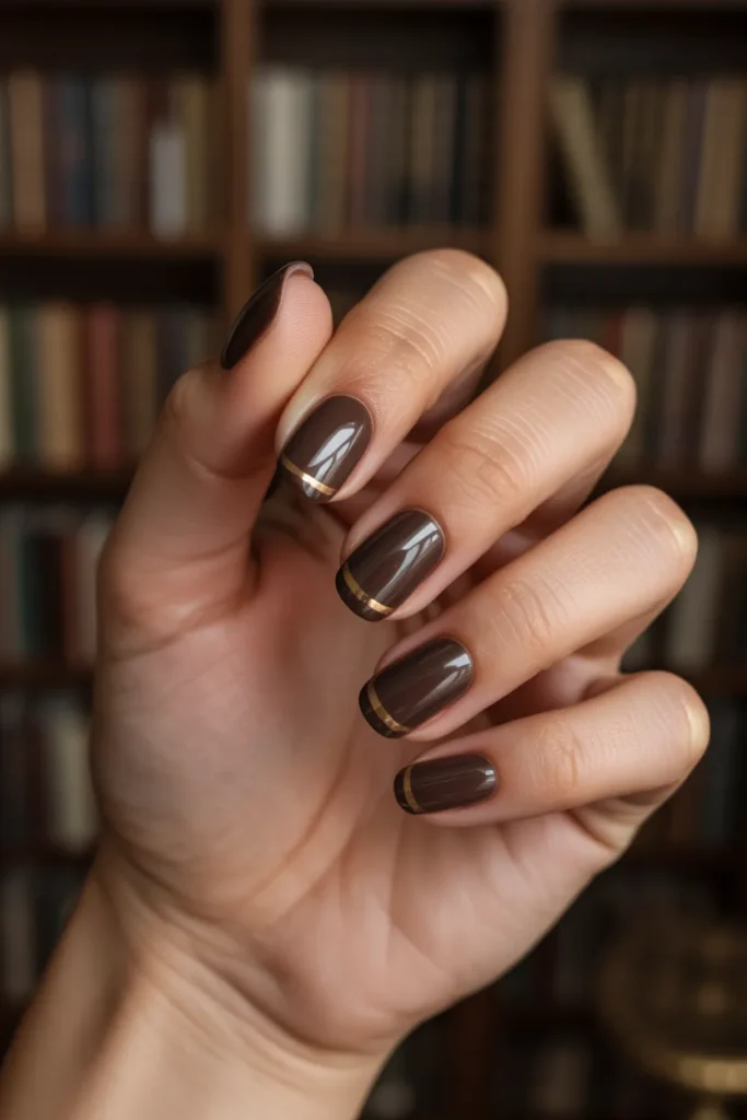 25. Dark Academia Nails — Deep Brown and Vintage Gold