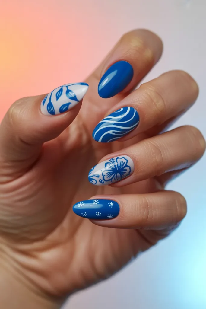 25. Hawaiian Inspired Blue Nail Set Mixed Patterns