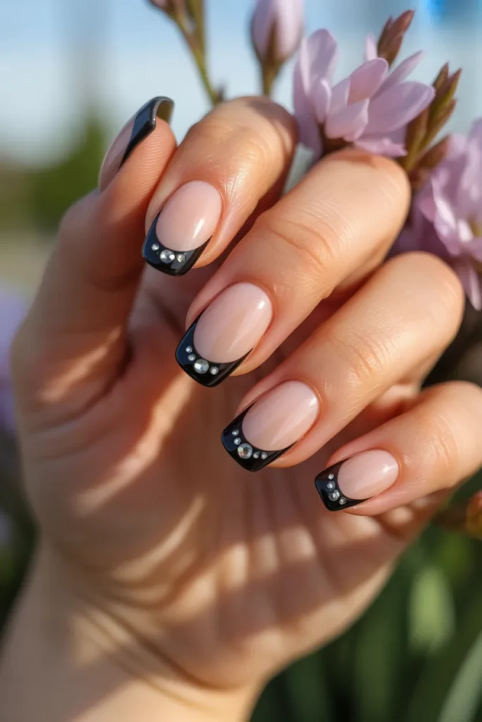 3. Black French Tips with Rhinestones