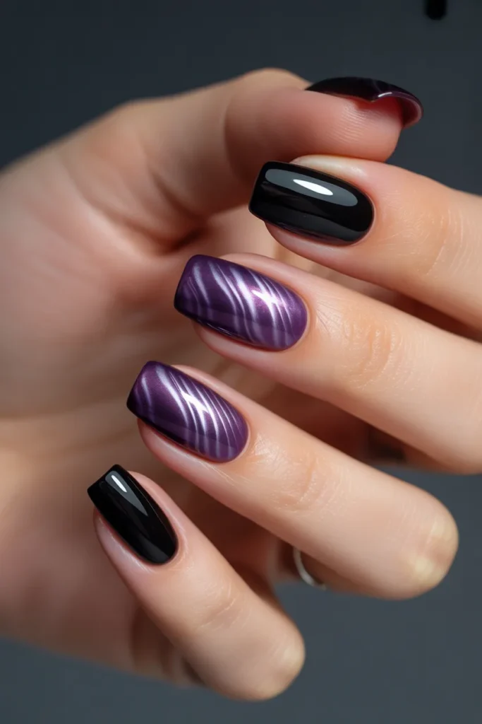 3. Cat Eye Purple and Black Nails — The Trend That Wont Quit