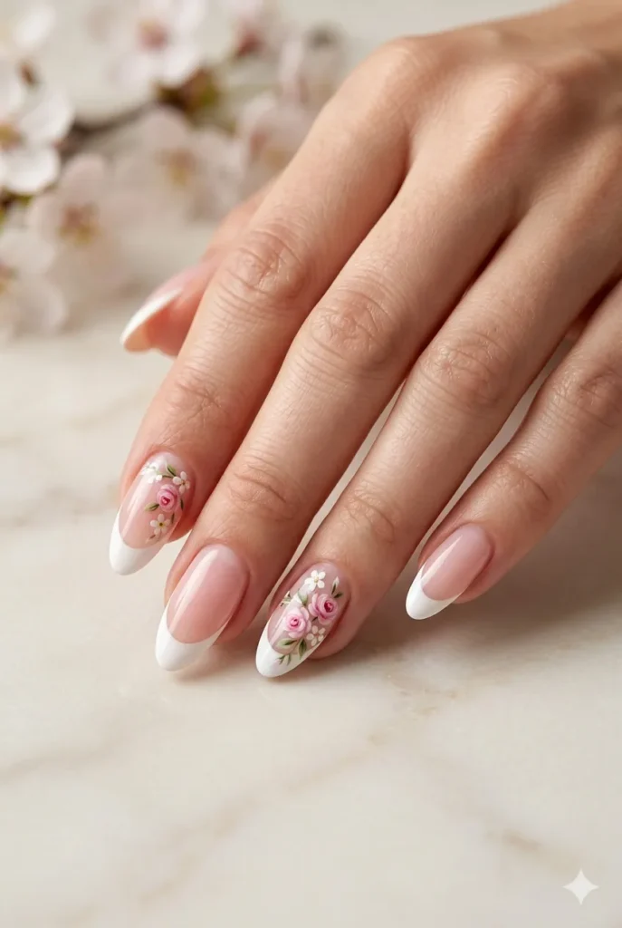3. French Tip Acrylic Nails With Floral Accent