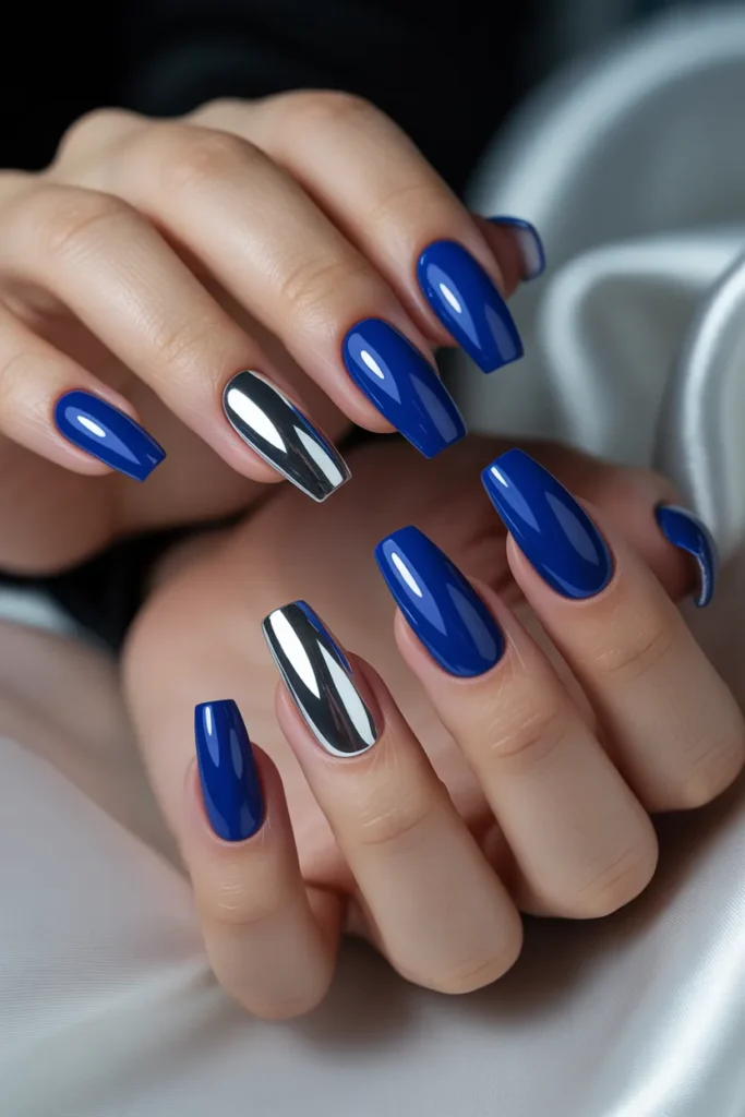 3. Royal Blue and Silver Nails — The Showstopper Combo