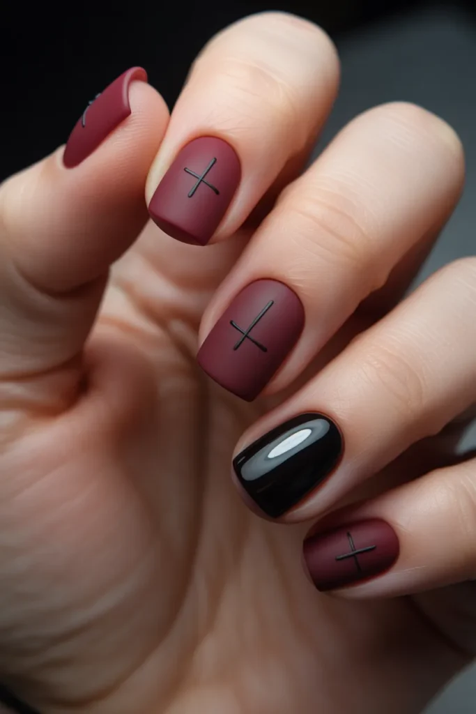3. Short Goth Nails with Minimalist Crosses