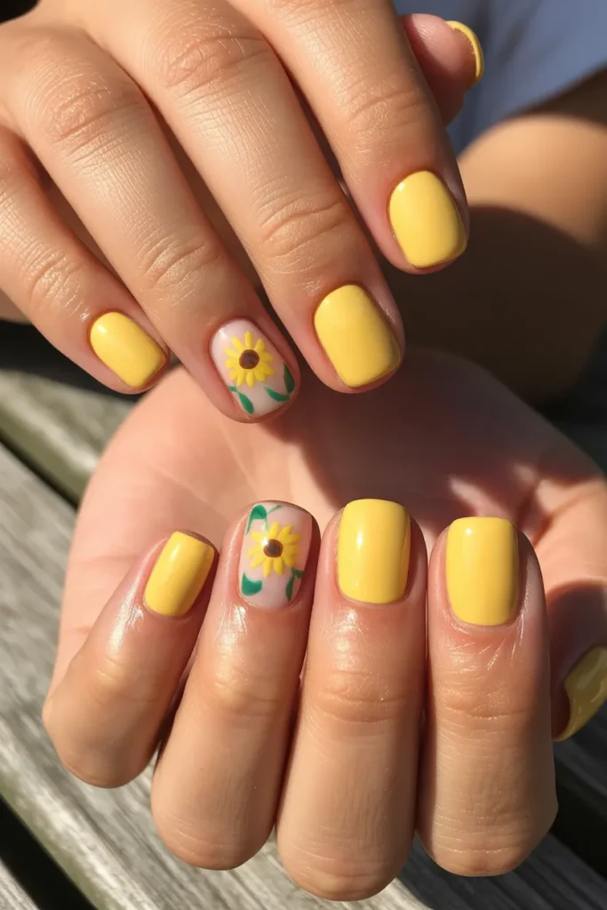 3. Short Summer Gel Nails — Yellow Sunflower Design
