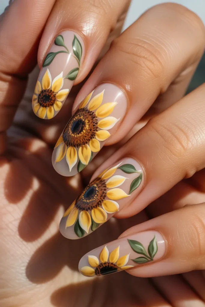 3. Sunflower Nails Acrylic — Long and Detailed