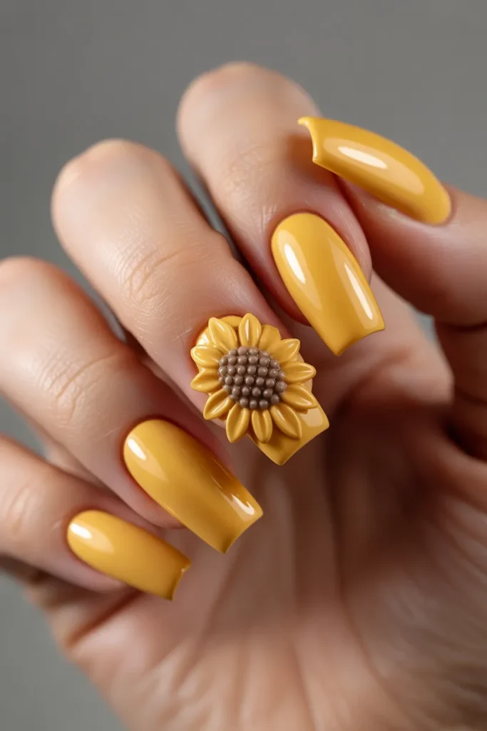 4. 3D Sunflower Nails — Raised Petal Drama