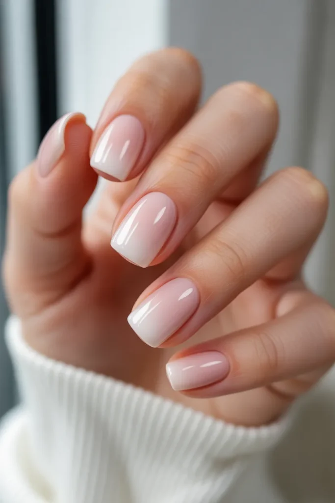 4. Baby Pink Ombre on Short Soft Square Nails