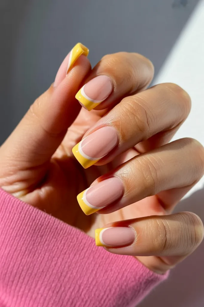 4. Pink and Yellow Double French Tips — Square Nails