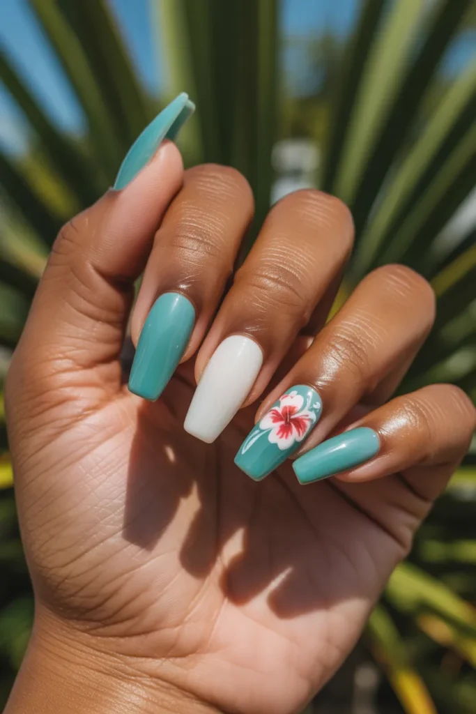 4. Tropical Aqua and White Gel Nails