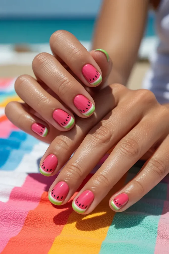 4. Watermelon French Tips — The Playful Beach Nail Art