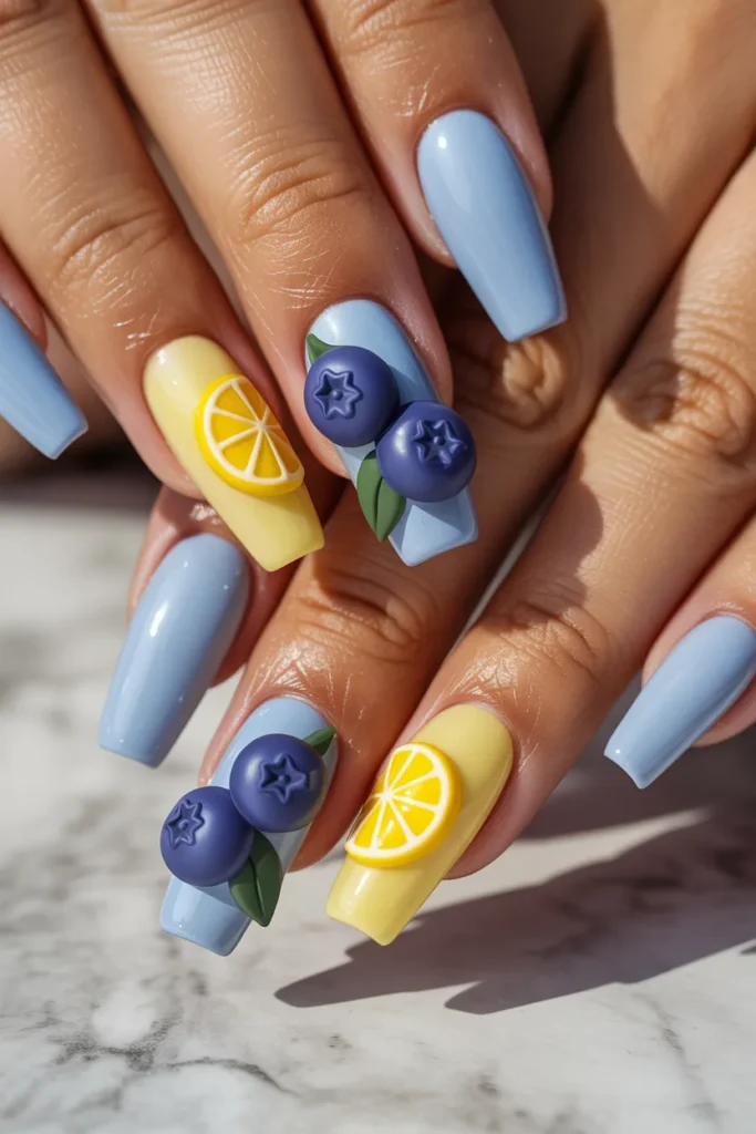 5. Blueberry Lemonade Nails – Cute 3D Summer Nail Inspo