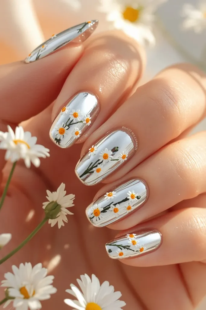 5. Chrome Nails With Daisy Flowers That Feel Like a Spring Garden on Your Hands