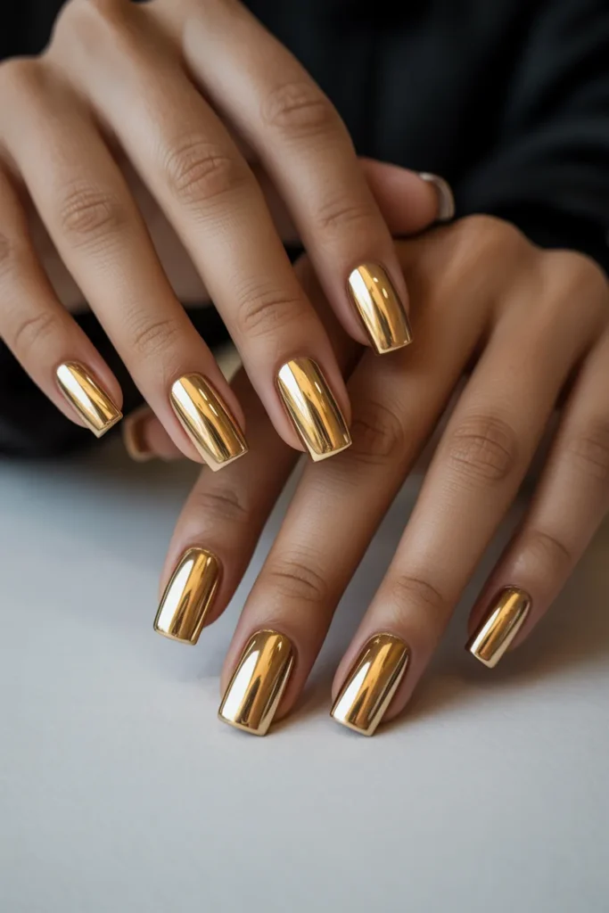 5. Gold Chrome Square Nails — Sharp Modern Architectural