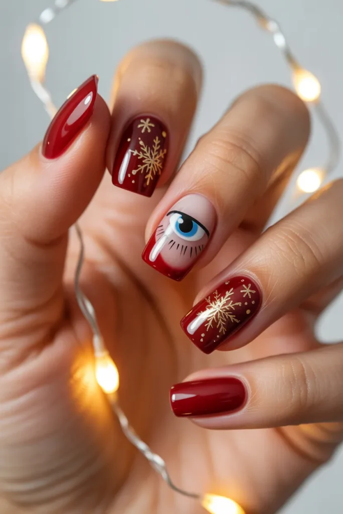 5. Red Cat Eye Christmas Nails