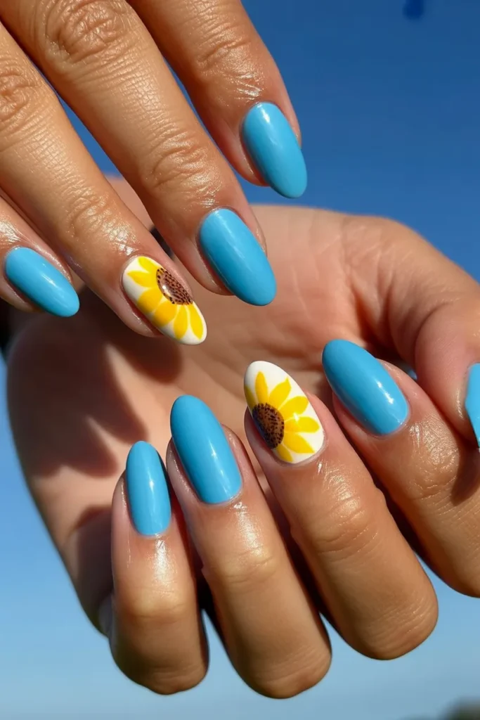 5. Sunflower Nails Summer — Bright Yellow and Turquoise