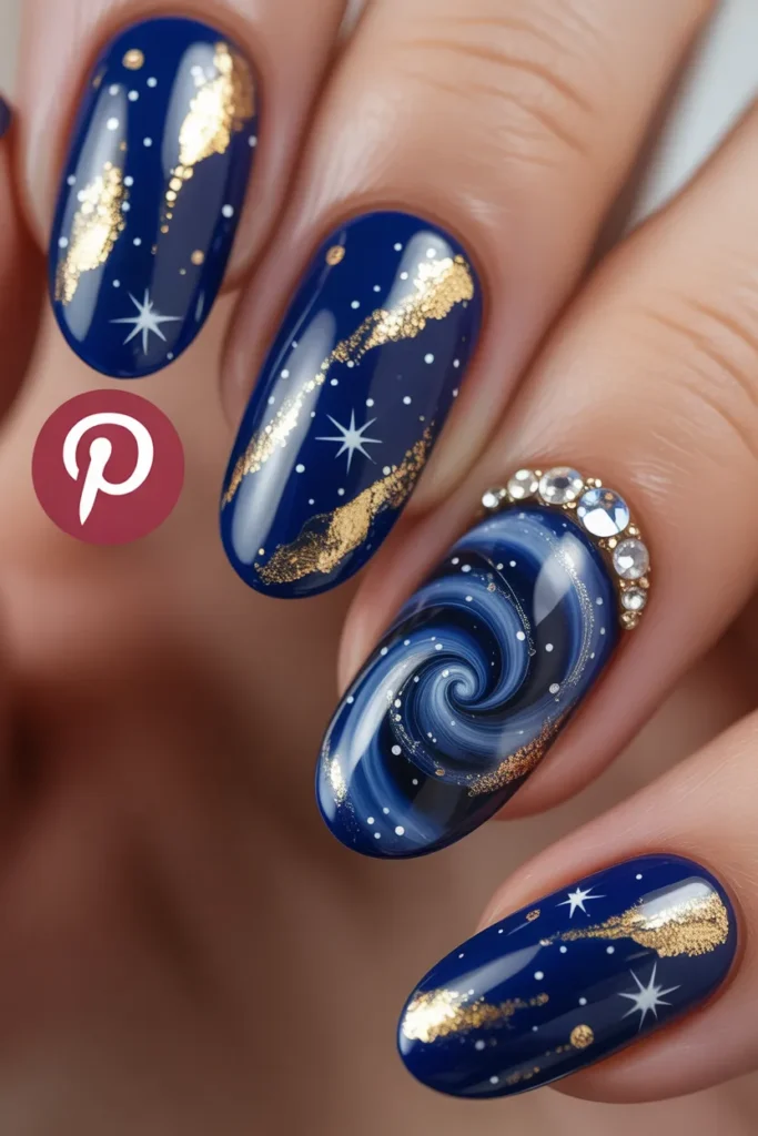 6 — Blue Celestial Nails with Gold Dust
