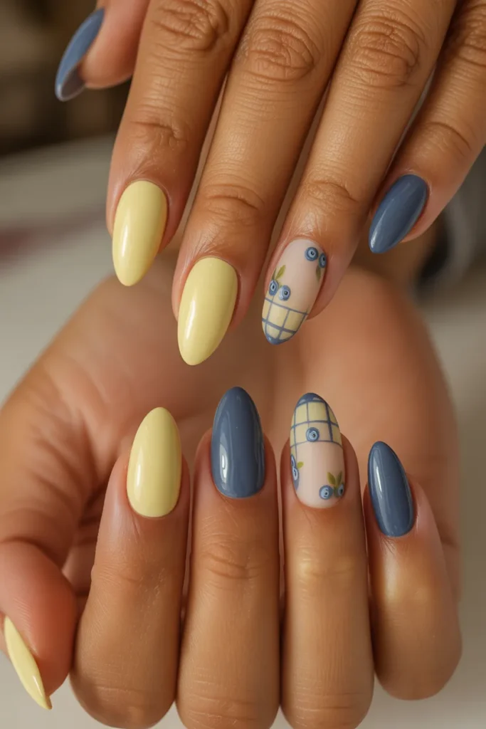 6. Blueberry Nail Art – Pastel Yellow Navy Almond Nails 🌼💙