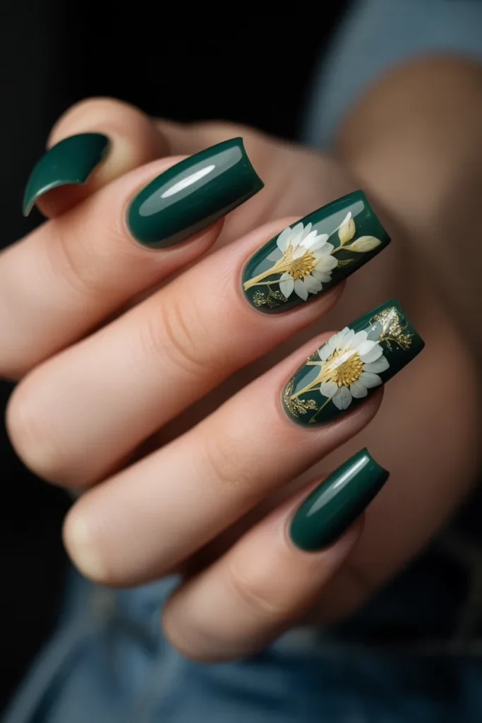 6. Forest Green with Tiny White Pressed Flowers