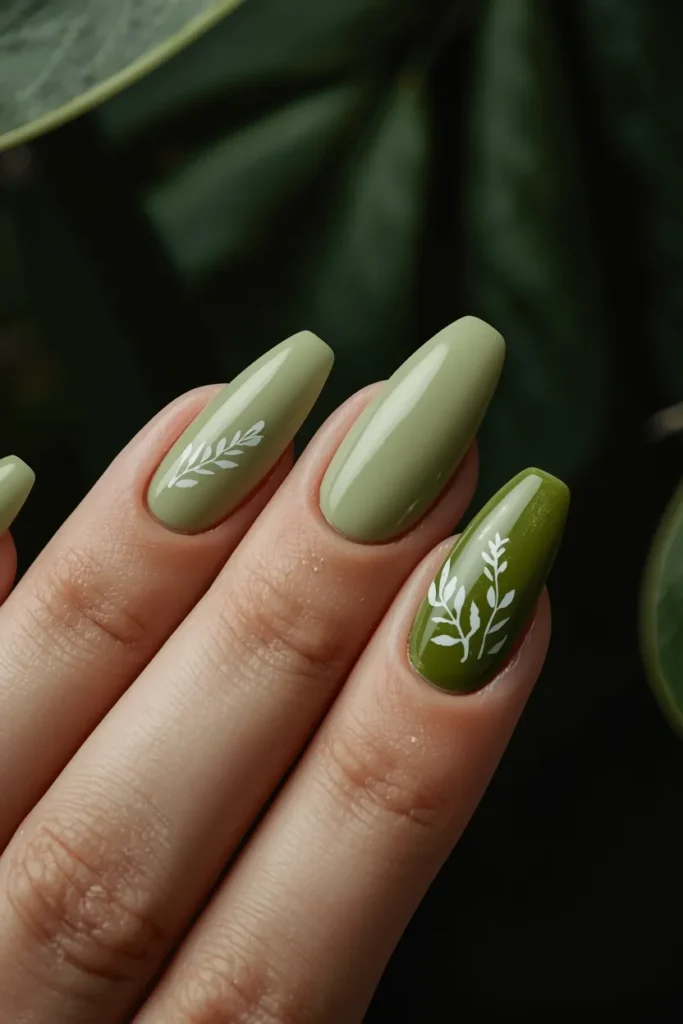 6. Green Acrylic Nails With Botanical Details That Feel Lush and Earthy