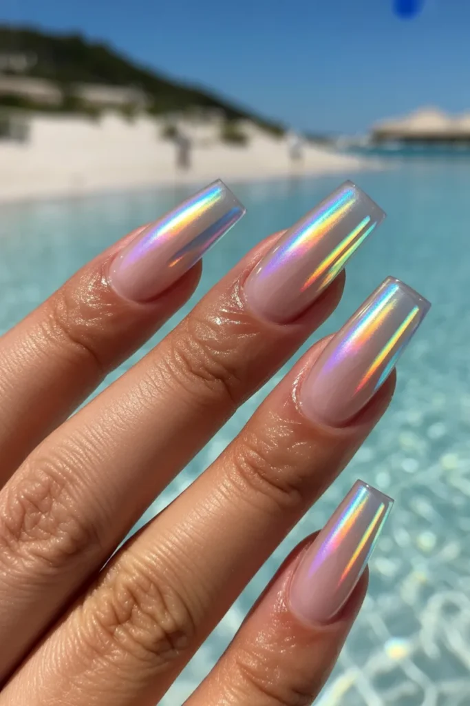 6. Holographic Chrome French Tips — Vacation Nails Statement